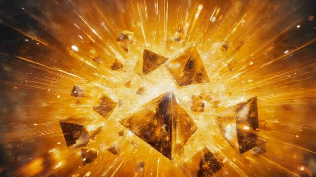 Abstract golden shards and particles creating a dynamic and energetic visual explosion effect design