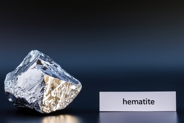 Fototapeta premium Shiny metallic hematite mineral rock on dark background with label