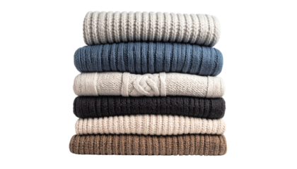 A neat stack of six folded knitted sweaters in various neutral and blue shades, showcasing different textures and patterns.