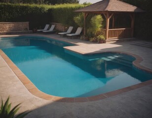Piscina all'aperto con capanno in legno e lettini.