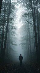 Atmospheric scene of a lone silhouette on a path in a dark, moody forest with dense fog. Conceptual image of mystery, solitude, journey, and introspection. A man walking into the light.