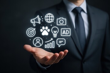 Hand holding digital marketing icons.