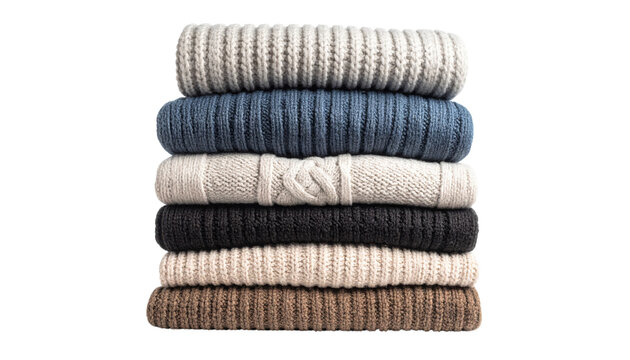 A neat stack of six folded knitted sweaters in various neutral and blue shades, showcasing different textures and patterns.