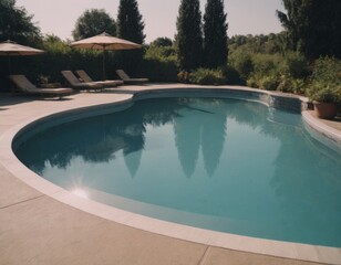 Piscina con acqua calma immersa in un giardino verde.