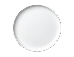 A simple, round, white ceramic plate with smooth edges and a glossy finish.