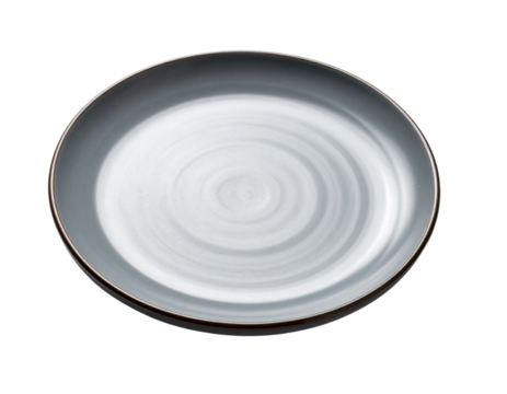 A simple round ceramic plate with a smooth, glossy finish and subtle concentric circle patterns in shades of white and gray. - Powered by Adobe