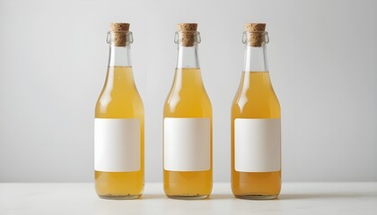 Three glass bottles filled with homemade kombucha, sealed with cork tops, placed against a white background, minimal and clean, modern product mockup