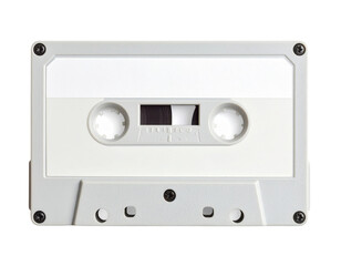 Fototapeta premium A white audio cassette tape with visible reels and magnetic tape in the center, featuring a blank label area and four screws at the corners.