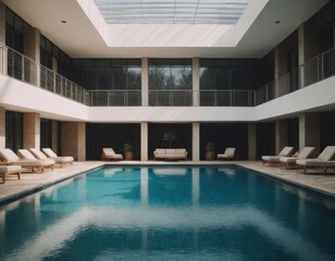 Piscina coperta con due piani, lettini e ampia vetrata; donna in primo piano che nuota.