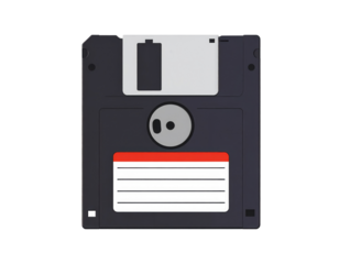 A classic black 3.5-inch floppy disk with a white label and metal shutter, used historically for data storage and transfer.