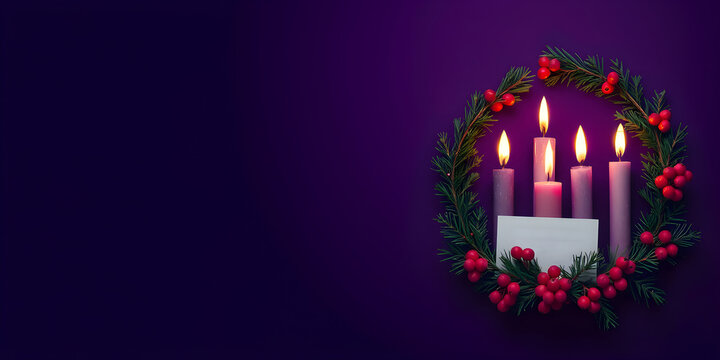 Christmas Wreath with Candles, Holly, and Red Berries on Purple Background