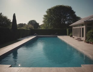 Piscina moderna all'aperto con fondo chiaro e alberi.