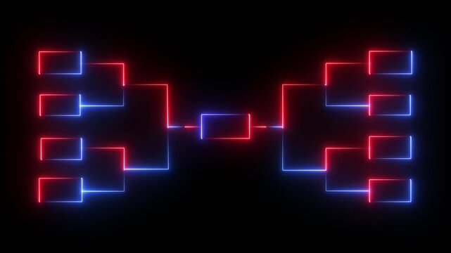 Neon Red and blue color  Sports Bracket Visualization   animation on dark background,Neon Template of Digital Tournament Progress Bracket Loop.