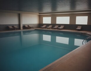 Piscina interna minimal con luci soffuse e sedute a bordo vasca.