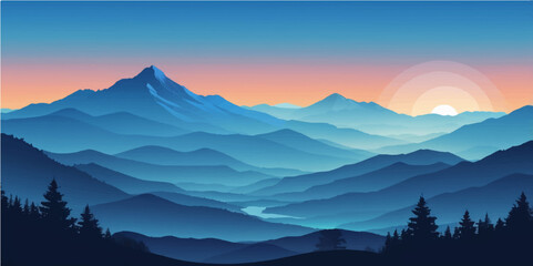 Majestic sunrise over mountains, painting the sky with light through mist and clouds, revealing a serene winter landscape with snow-kissed peaks and a tranquil valley below