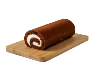 Delicious Chocolate Swiss Roll on Wooden Board isolated on transparent background