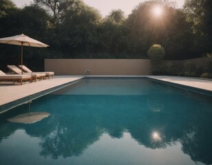 Piscina esterna con vista su colline, arredo elegante e minimal.