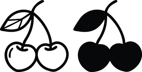 Minimalist Two Cherries Icon – Black & White Line Art Vector Illustration