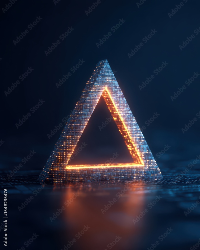 Poster a glowing triangular prism with digital, mesh-like textures emits warm light in a dark, futuristic s