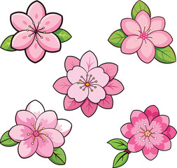 A cheerful collection of stylized cartoon cherry blossoms against a plain white background.