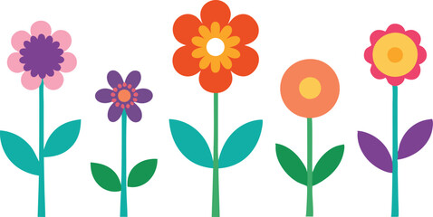 A set of five stylized, colorful flowers, each with a simple, playful design.