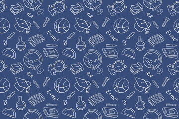 School seamless pattern in doodle style on a blue background. Back to school wallpaper with stationery, notebook, globe, calculator, calendar, basketball ball, alarm.