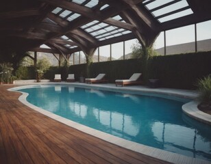 Piscina interna coperta con tetto in vetro e colonne in legno scuro.