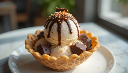 Gourmet gelato served in waffle bowl, decorated with rich chocolate sauce, sprinkles, and pieces of dark chocolate, soft natural lighting, minimal table setting