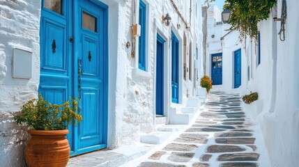Picturesque Greek Alleyway with Blue Doors, White Walls, and Stone Pavement
