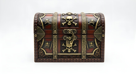 A centered decorative pirate treasure chest with closed lid, clean white surface