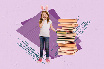 Exclusive artwork banner creative collage of happy small school girl stand book stack literature...