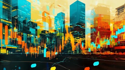 Vibrant cityscape with financial data overlays, showcasing urban life and technology trends - Powered by Adobe