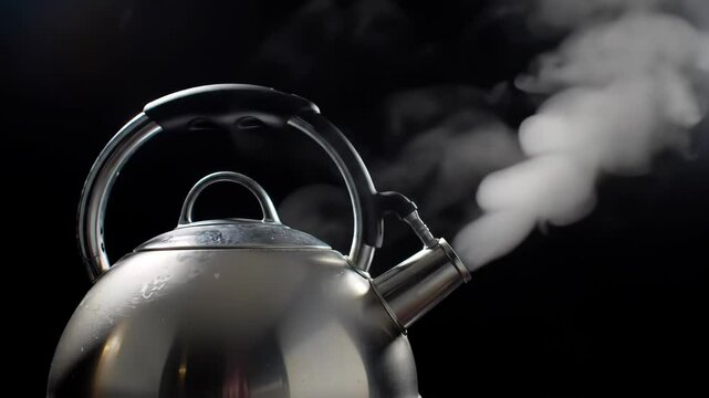 Stainless steel kettle with boiling water and steam coming out of the spout