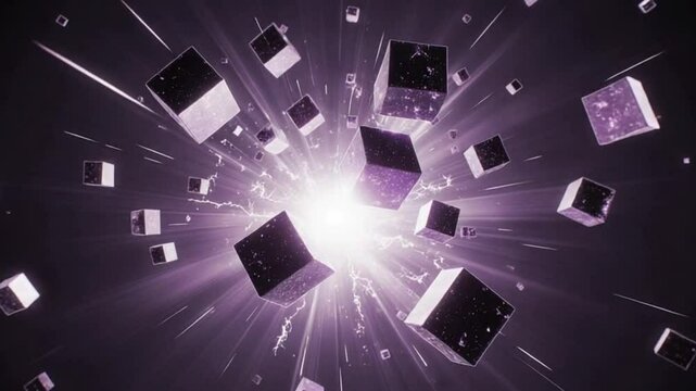 Abstract purple cubes floating with light rays and shards in a dynamic composition background render