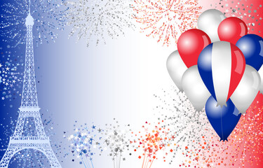 Holiday background with shiny fireworks, realistic 3D balloons and  copy space. Banner template with festive abstract elements. National day celebrating backdrop with blue, white and red colours.