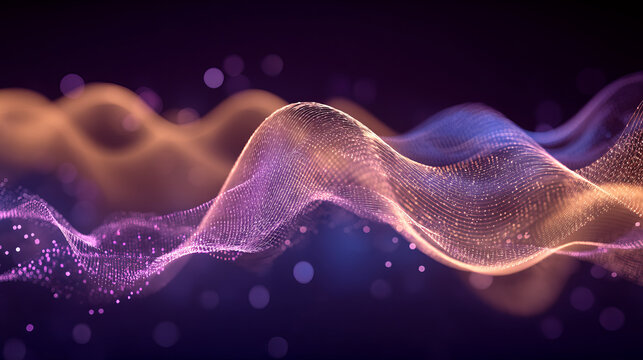 Abstract gradient particle waves seamlessly flowing with soft purple light and bokeh. Orange and blue digital waves. Technology, engineering, science, and artificial intelligence background - Powered by Adobe