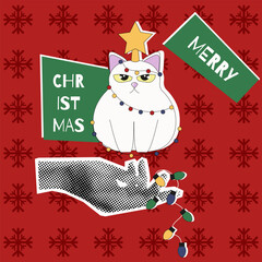 Merry Christmas Halftone Collage with flat cat in garland. Funny Christmas pop art with Typography. Holiday overlay vector illustration.  Xmas Background cover template design. EPS 10