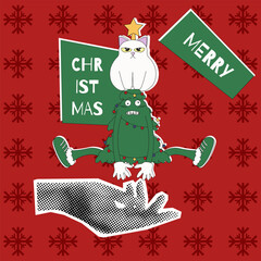 Funky Merry Christmas pop art with weird cat over the Christmas tree. Halftone Collage happy New Year theme. Xmas background cover. Perfect Christmas brochure poster card cover. Vector illustration 