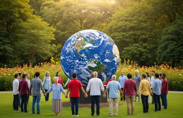 World Population Day concept showing a colorful crowd of diverse individuals united on the planet for population solidarity