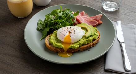 Indulge in a delightful breakfast of avocado toast topped with a perfectly poached egg, crispy bacon, and fresh greens, a culinary masterpiece on a sage-green plate.