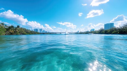 A picturesque view of a tranquil waterfront with a sailboat gliding across the turquoise water, surrounded by lush greenery and thriving urban life in the background.