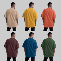 Template of a bright oversized t-shirt on a bearded guy in black jeans, back view, for design, branding, advertising. Set