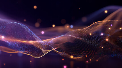 Abstract gradient particle waves seamlessly flowing with soft purple light and bokeh. Orange and blue digital waves. Technology, engineering, science, and artificial intelligence background