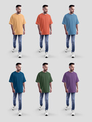 Template of a bright oversized t-shirt on a walking guy in jeans, sneakers, full height, front, for design, pattern, branding. Set