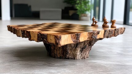 An artistic chess table made from natural wood features a unique design, showcasing elegance and creativity in the realm of strategy-based games perfect for enthusiasts.