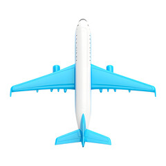 Airplane model: blue and white plane for travel concepts on transparent background