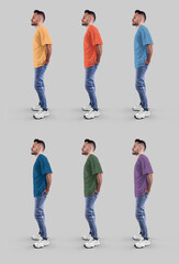 Mockup of a bright oversized t-shirt on a bearded guy in jeans, sneakers, full length, side view, for design, branding. Set
