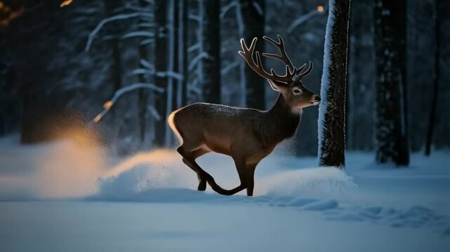 A deer with antlers running through a snowy forest during a bright golden sunset scene in winter video