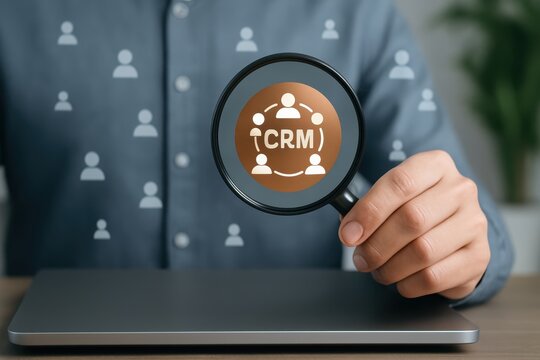Magnifying glass focusing on crm symbol with people icons.