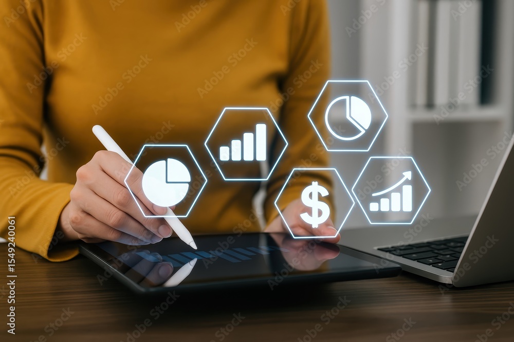 Poster person using a digital tablet with overlaid financial data visualizations.